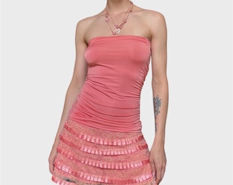Minivestido de satén rosa Y2K: vestido de fiesta ajustado con encaje fruncido