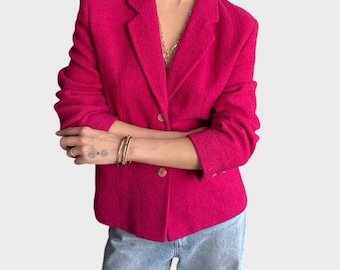 Vintage Fuchsia Wool Blazer | Textured 90s Jacket, Size M/L
