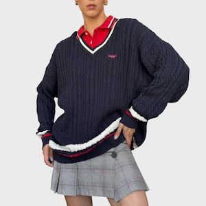 Vintage 90s Cotton Cable Knit Sweater: Navy Blue Striped Jumper, XL
