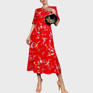 Vintage Red Floral Maxi Dress: 90s Boho Summer Dress (M/L)