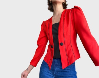 Vintage 90s Red Blazer Dramatic Shoulder Blazer Defined Waist Button Closure Blazer