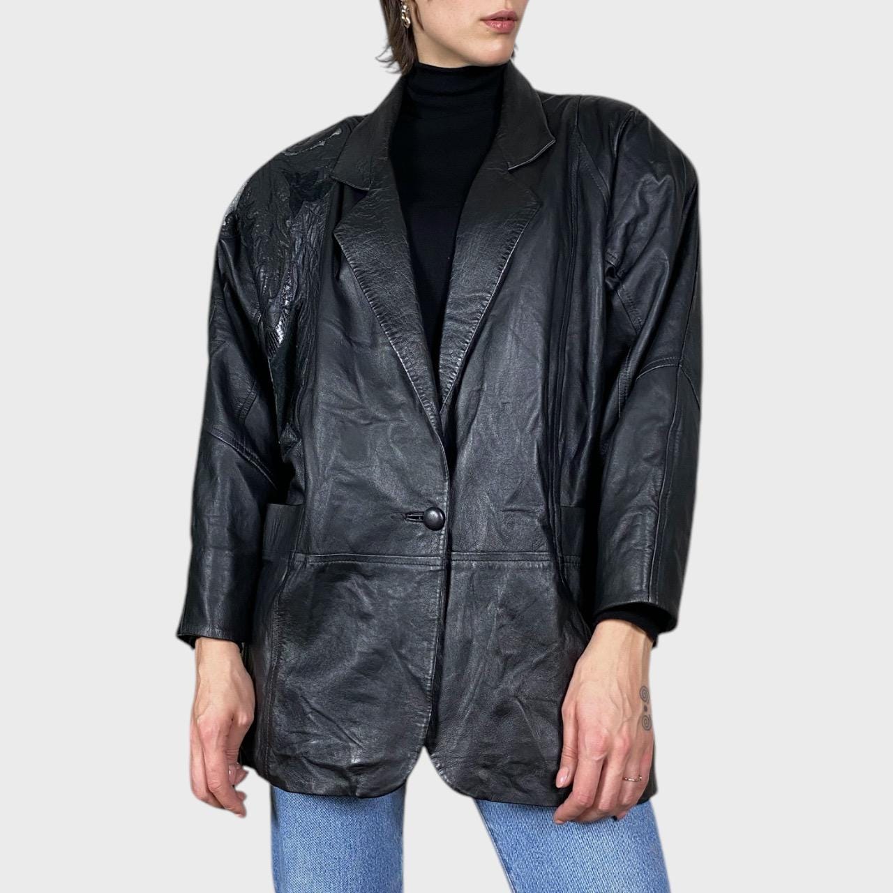 Vintage Black Leather Jacket , Size L Padded Shoulder Blazer
