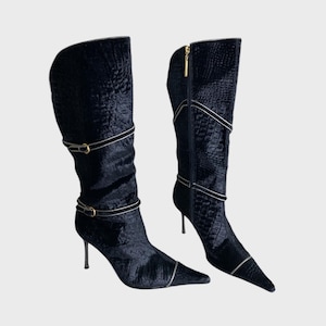 Vintage Black Leather Boots Y2K Pointy Toe High Heels Size EU37 Boots