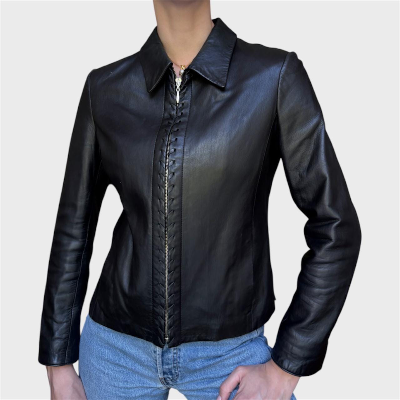 Vintage Y2K Black Leather Jacket: Fitted Minimalist Cut, Size S