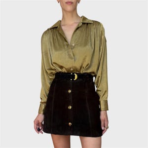 Vintage 70s Brown Suede Mini Skirt High Waist Gold Button Skirt– EU38/40