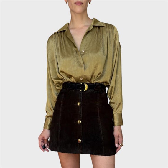 Vintage 70s Brown Suede Mini Skirt High Waist Gold Button Skirt