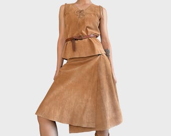 Y2K Suede Leather Two-Piece Set: Sleeveless Vest & Midi Skirt