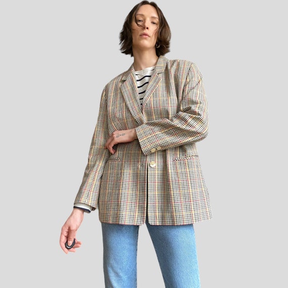 Vintage Cream Checkered Blazer, 90s Colourful Bla… - image 8