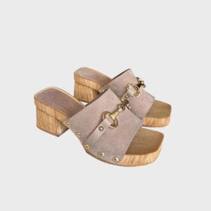 Vintage Suede Leather Platform Mules | EU 37 | Beige Wooden Heel Slip-Ons | 2000s Style Sandals with Gold Hardware