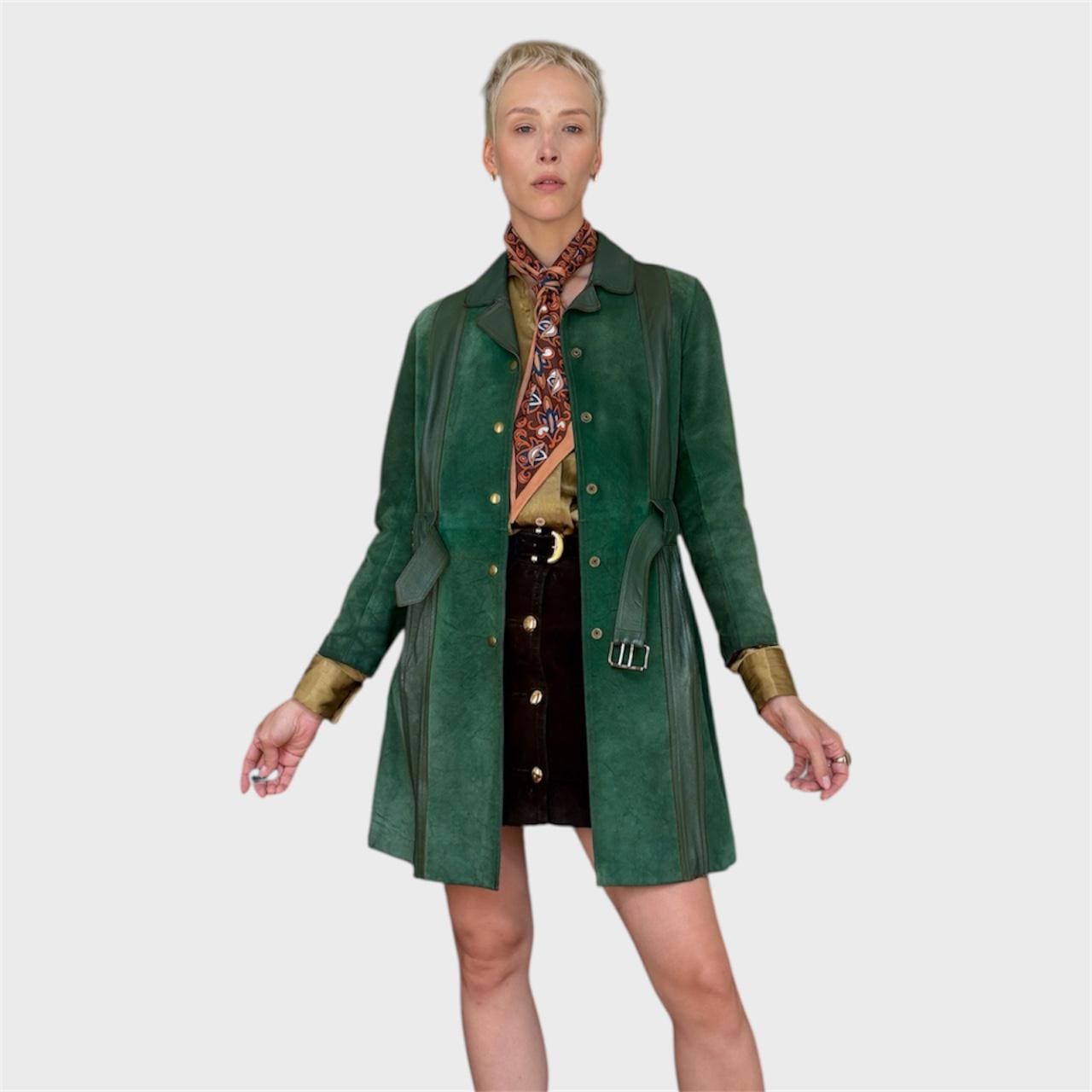 Vintage 70s Green Suede Leather Trench Coat – Belted Snap Closure