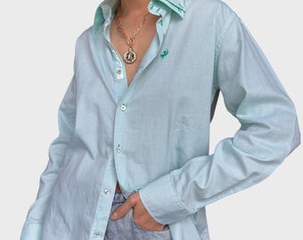 Vintage jaren 90 katoenen overhemd met dubbele kraag: oversized mintgroene ruit