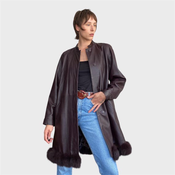 ヴィンテージ バーガンディ レザー トレンチコート（フェイクファー