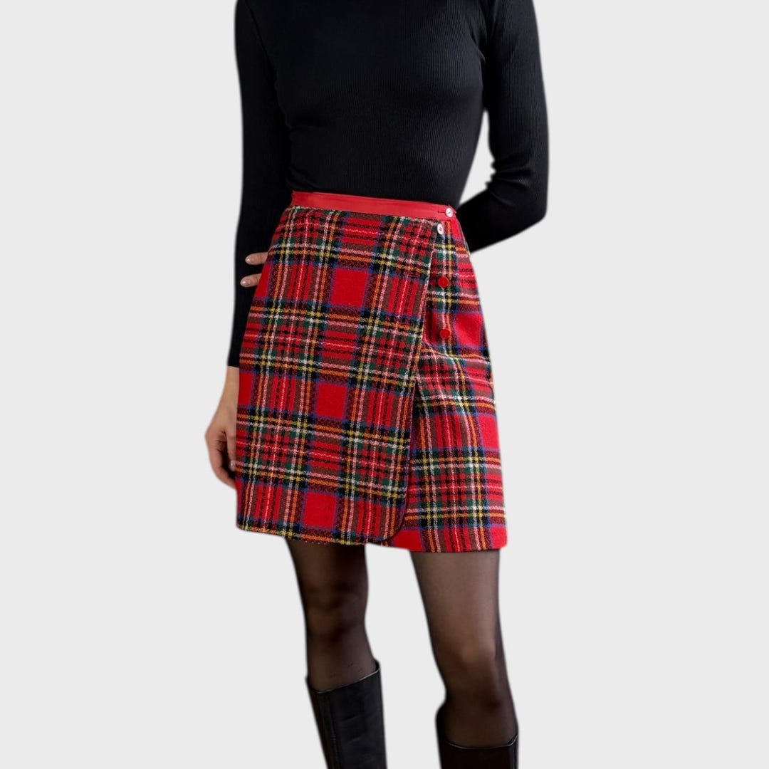 Vintage 90s Red Plaid Wrap Mini Skirt | High Waist EU34 Skirt