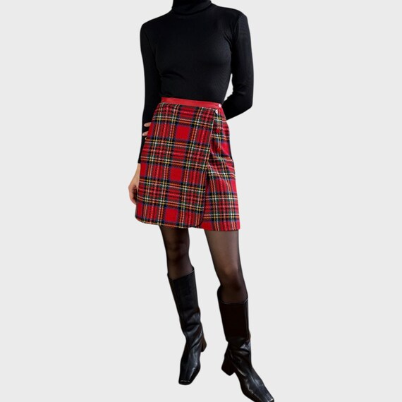 Vintage 90s Red Plaid Wrap Mini Skirt | High Waist EU34 Skirt