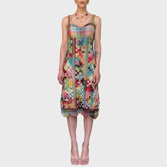 Colourful Crochet Midi Dress - 90s Boho Patchwork Style - Floral Festival Dress Size M