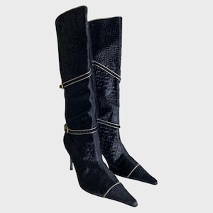 Vintage Black Leather Boots Y2K Pointy Toe High Heels Size EU37 Boots