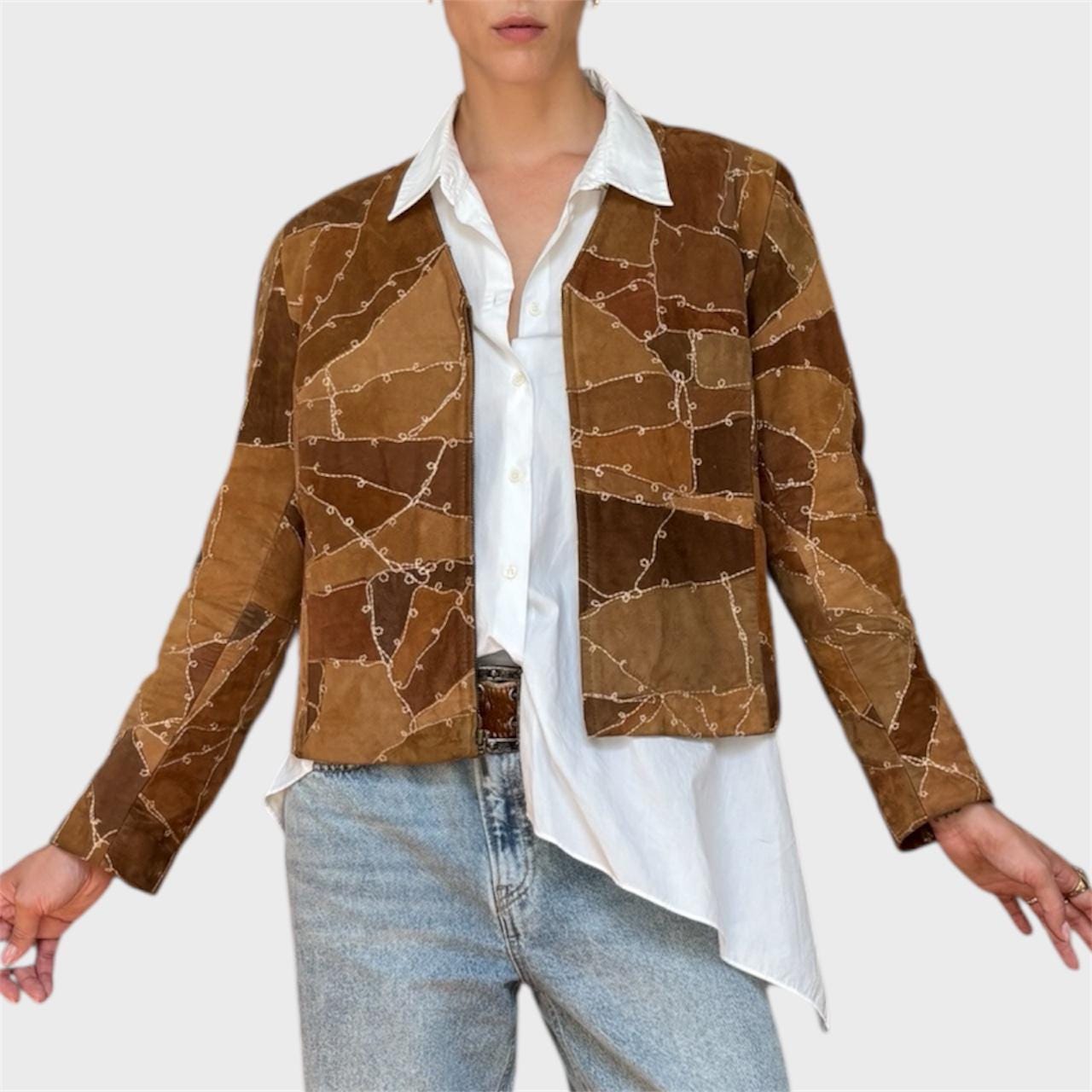 Vintage Brown Suede Patchwork Jacket | Embroidered Zip-up | Size L