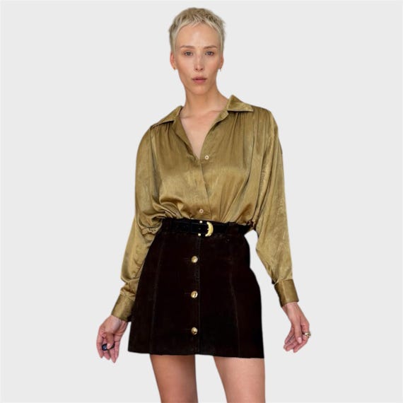 Vintage 70s Brown Suede Mini Skirt High Waist Gold Button Skirt