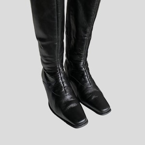 Vintage Black Leather Boots EU37 Square Toe Block Heel Knee Length 90s