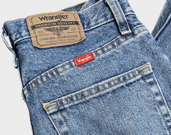 Calça jeans Wrangler vintage dos anos 90, azul, cintura alta, tamanho PP/P