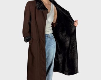 Trench coat vintage marrom escuro | Casaco de inverno com forro de pele sintética | Tamanho EU42 / US10