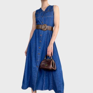 Vintage Blue Denim Dress Maxi Size M Sleeveless A line Dress