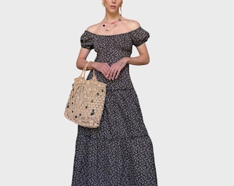 Y2K Floral Maxi Dress: Black Cotton Off-Shoulder Cottagecore Prairie Dress