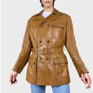 Vintage 70s Tan Leather Jacket Men&#39;s Size M Belted