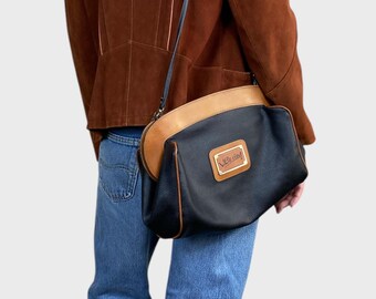 Bolso bandolera de piel vintage: bolso de hombro negro y marrón