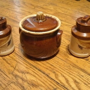 May include: A brown ceramic kitchen set with a lidded pot and two shakers. The set has a vintage aesthetic, with a light beige base and a brown top. The shakers have a leaf design.