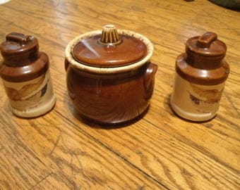 Hull Pottery Sugar Bowl Vintage Brown Drip Glaze With Lid & additional Salt Pepper Shakers