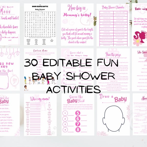 baby shower games, hot pink, doll invitation, instant download, fun and unique baby shower games, beer or belly, dad jokes, words