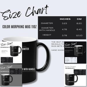 May include: Black color-changing mug with a size chart showing the mug's dimensions in inches and centimeters. The mug is 11oz and has a diameter of 3.23 inches and a height of 3.78 inches.