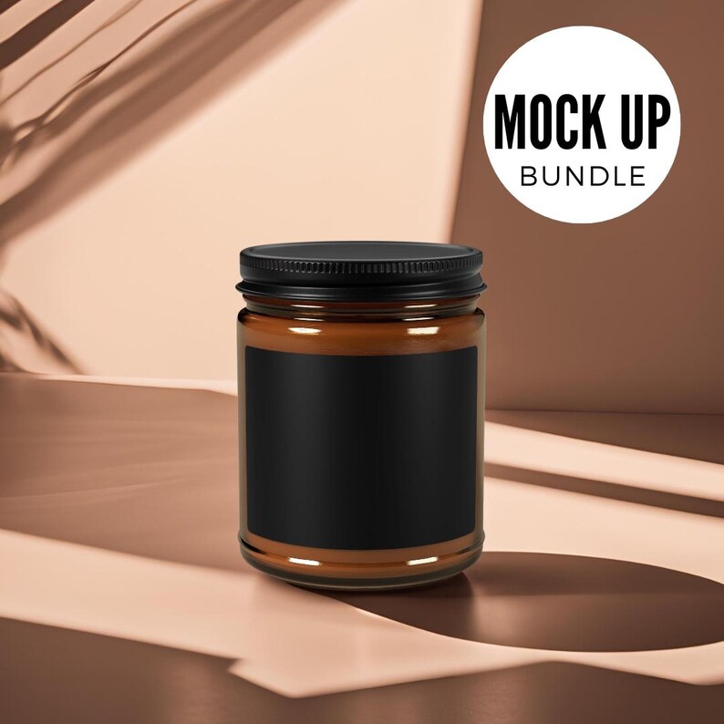 May include: A brown glass candle jar with a black lid and a black label. The jar is sitting on a light brown surface. Mock Up Bundle.