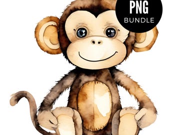 3 x Watercolor Monkey PNG Bundle Clipart Animal Digital Download PNG Cartoon Plush Cozy Aesthetic Theme