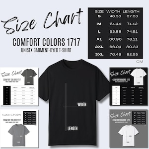 5 x Tableau des tailles Comfort Colors 1717 CC1717 Guide des tailles Comfort Colors Mesures du t-shirt Comfort Colors Mockups Printify POD Tableau des tailles