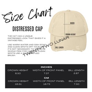 May include: A beige distressed baseball cap with a size chart showing measurements in inches and centimeters. The chart includes crown height, width of front panel, and bill length.