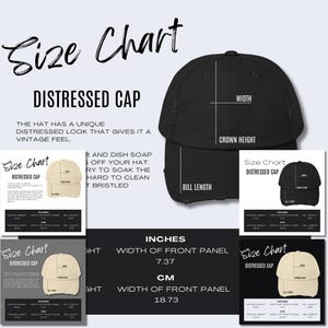 May include: Size chart for a distressed baseball cap with measurements in inches and centimeters. The chart shows the crown height, width, bill length, and width of the front panel.