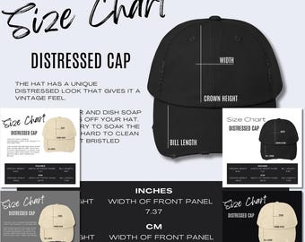 5x Unisex Distressed Cap Size Chart District DT600 Mockup Product Details Mockup Printify POD Size Guide