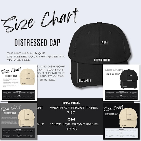 5x Unisex Distressed Cap Size Chart District DT600 Mockup Product Details Mockup Printify POD Size Guide