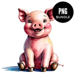 Paquete de 3 cerdos de acuarela PNG, imágenes prediseñadas de animales extravagantes, descarga digital PNG, dibujos animados, peluche, tema estético acogedor, animal de granja
