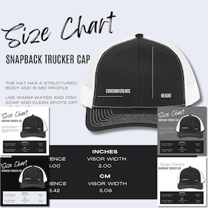 5 x Snapback Trucker Cap (Embroidery) Size Chart Richardson 112 Hat Mockup Product Details Mockup Printify POD Size Guide Print on Demand