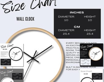 5 x Wanduhr Größentabelle Mockup Printstifte-Uhr Maßtabelle SPOKE Custom Produkte POD Neuer Verkäufer Etsy Listing
