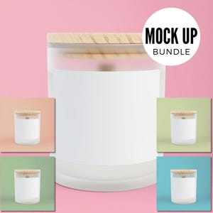 K&ouml;nnte beinhalten: Ein Set mit f&uuml;nf Mockups von Kerzenbeh&auml;ltern mit wei&szlig;em Hintergrund und einem Holzdeckel. Die Kerzenbeh&auml;lter befinden sich auf verschiedenen farbigen Hintergr&uuml;nden: rosa, pfirsich, gr&uuml;n, blau und t&uuml;rkis.