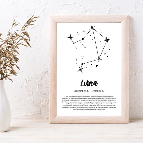 Libra Woman Printable A4 Artwork Gift Wall Art Zodiac Star Sign Horoscope Poster Print Instant Download Constellation