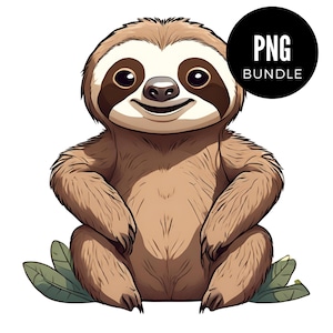 Paquete de 5 imágenes prediseñadas de perezoso, animales peculiares, descarga digital, PNG, dibujos animados, bosque, tema estético acogedor.