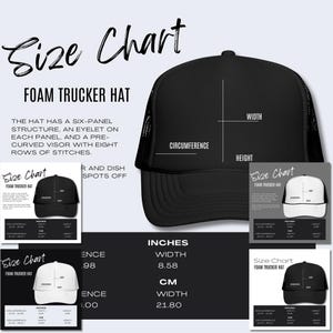 5 x Foam Trucker Hat Embroidery Size Chart OTTO Cap 39-165 Hat Mockup Product Details Mockup Printify POD Size Guide Print on Demand