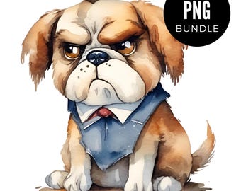 5 x Perro gruñón en acuarela PNG Paquete de tendencia Clipart Descarga digital PNG Maqueta estética acogedora Vendedor de Etsy