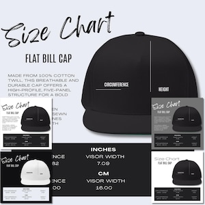 5 x Flat Bill Cap (Embroidery) Size Chart Yupoong 6007 Hat Mockup Product Details Mockup Printify POD Size Guide Print on Demand
