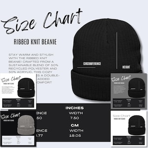 5 x Berretto a coste in maglia (ricamato) Tabella delle taglie Berretto Atlantis Headwear Mockup Dettagli del prodotto Mockup Guida alle taglie Printify Stampa su richiesta